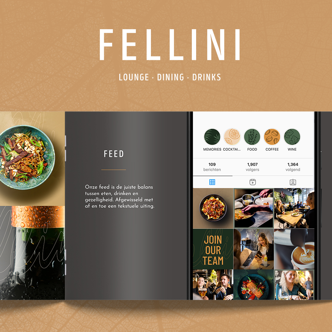 Slide van het door Fresh Currents gemaakte brandbook voor Fellini met een preview van een Instagram feed